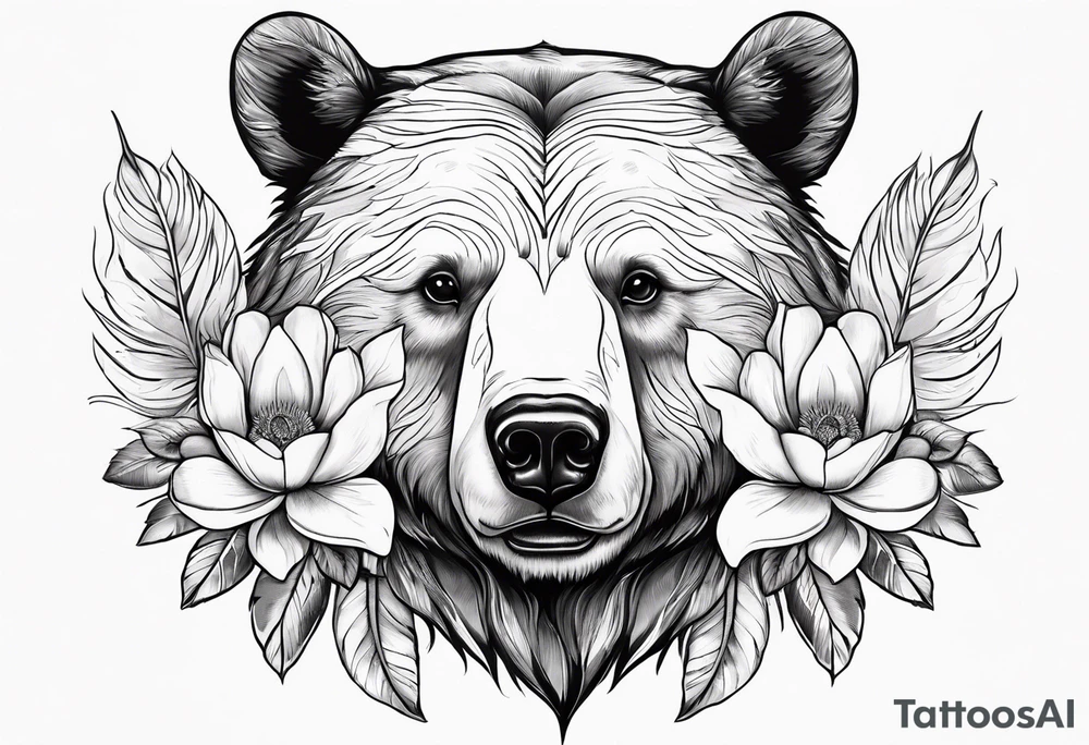 Bear head with magnolia flowers and feather for her son tattoo idea