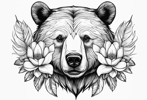 Bear head with magnolia flowers and feather for her son tattoo idea