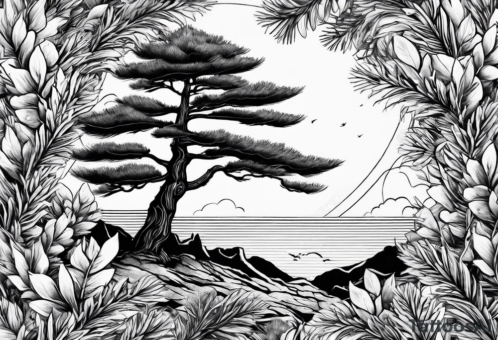 pine tree by itself with fallen leaves tattoo idea
