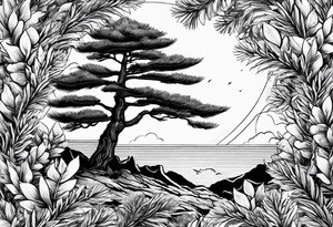 pine tree by itself with fallen leaves tattoo idea
