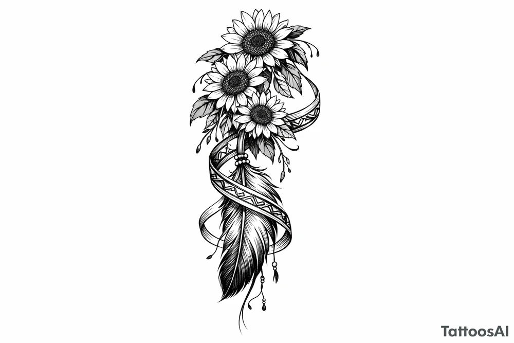 Cascading Sunflowers with an Indian feather all wrapped in Indian ribbon tattoo idea