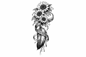 Cascading Sunflowers with an Indian feather all wrapped in Indian ribbon tattoo idea