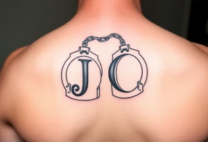 J O initials made from handcuffs tattoo idea