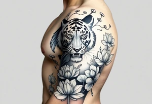 fierce tiger emerging through blooming lotus forrest in mist tattoo idea