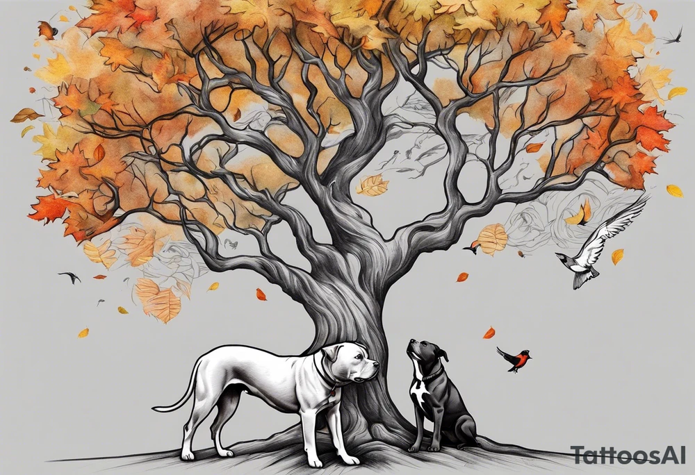 Autumn tree with a pit bull medium size grey brindle dog sitting under it and to the right facing it looking up and birds flying from the top right of the tree far view and full tree tattoo idea