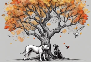 Autumn tree with a pit bull medium size grey brindle dog sitting under it and to the right facing it looking up and birds flying from the top right of the tree far view and full tree tattoo idea