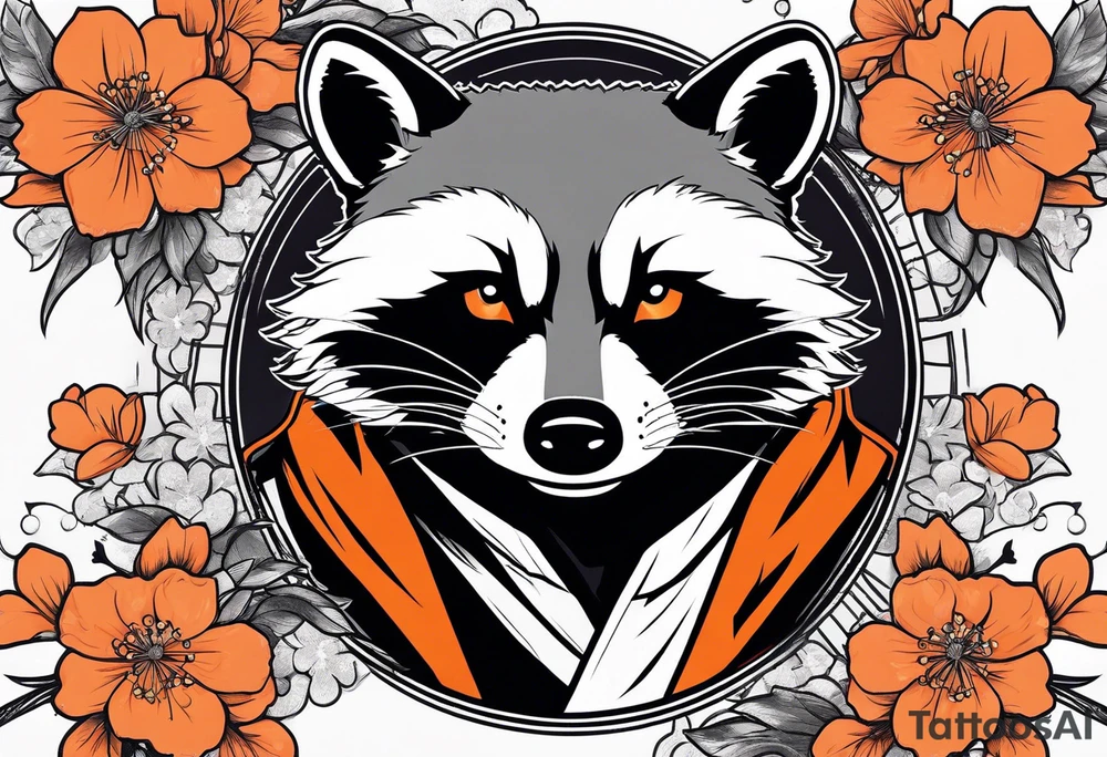 Raccoon wearing a white Superman logo on a black hoodie and orange Japanese cherry blossoms tattoo idea