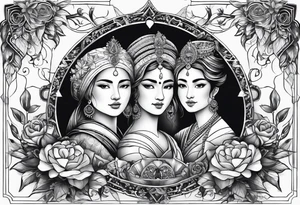 three person side by side. a really young Daughter on the left, mother in the middle, really old grandmother on the right. greater age difference, in an artfully decorated frame tattoo idea