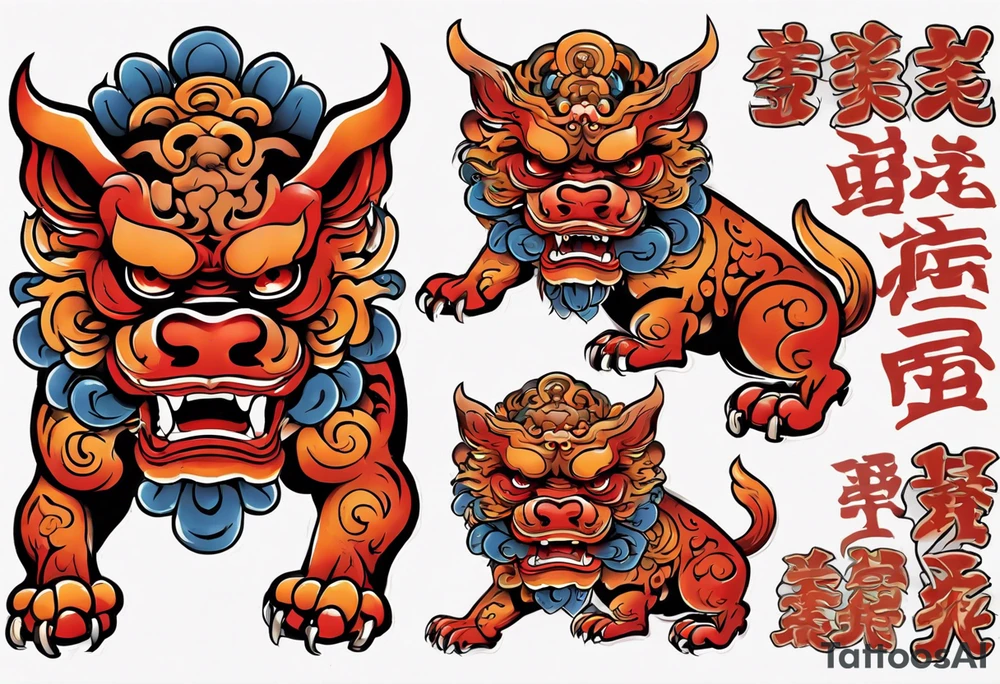 Red and orange Okinawa shisa dogs pair chest piece tattoo idea
