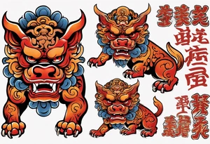 Red and orange Okinawa shisa dogs pair chest piece tattoo idea