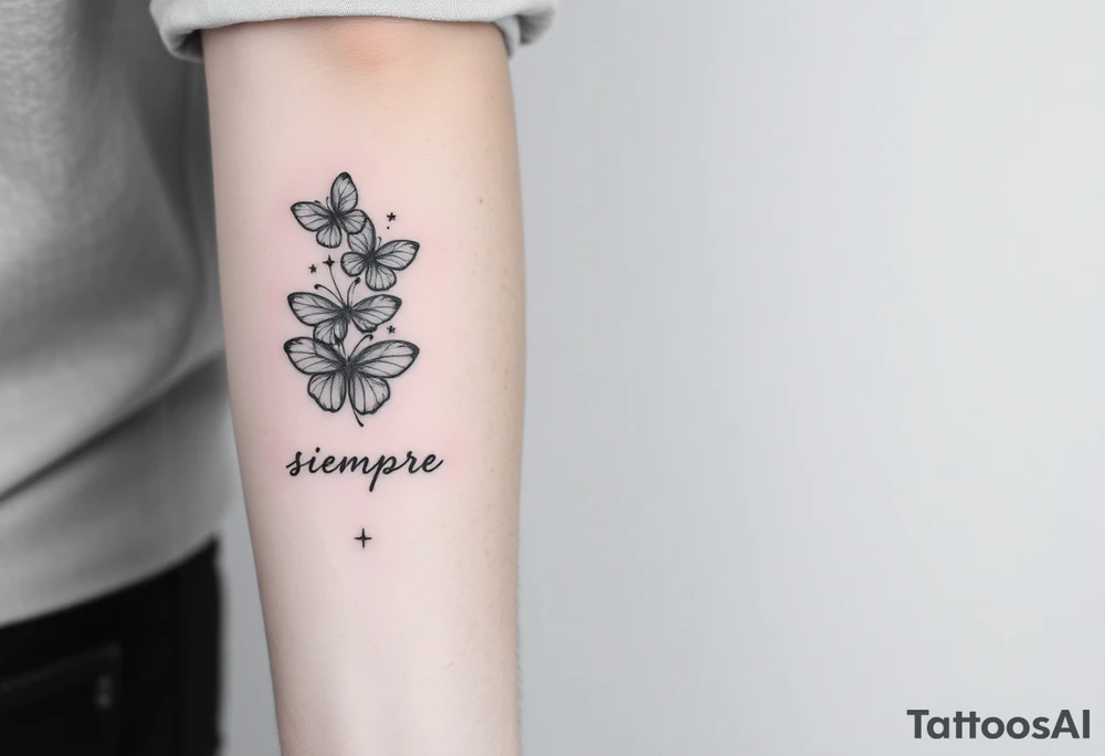 Placement: Forearm half sleeve, with forget-me-not wrapped around, with 3 small butterflies placed around it on the outer forearm. The word ‘siempre’ along the inside of the wrist around the radial pulse area. On the palm side of the wrist, there is 444 and a fine line moon and star. On the inner forearm, there are two crystals tied together with rope, with some stars dotted around it and two fine line leaf stems, and a moon above it. All tattoos in black ink. tattoo idea