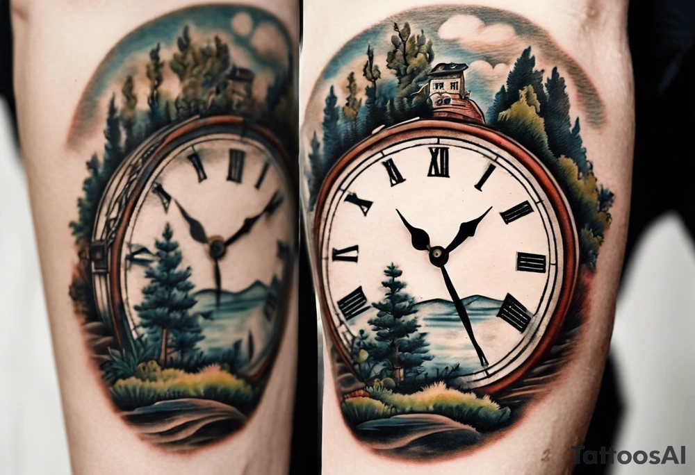 Le tattoo doit intégrer, un paysage montagneux, une horloge à 21h44.
Il faut aussi une pellicule de cinéma déroulée. Un vieux chapeau de l'armée italienne. des petits champignons au bord d'une rivière. tattoo idea