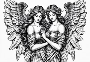 three angels holding hands, no color, realistic inside of bicep tattoo idea