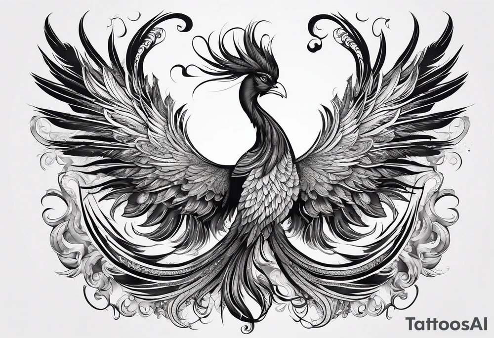 graceful asian style phoenix with extra long tail feathers and a long neck and large feathers tattoo idea