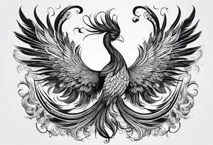 graceful asian style phoenix with extra long tail feathers and a long neck and large feathers tattoo idea