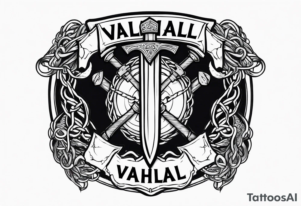 Valhalla sword round
shield axe barbed wire chains dark cloud lightning tattoo idea
