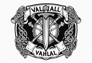 Valhalla sword round 
shield axe barbed wire chains dark cloud lightning tattoo idea