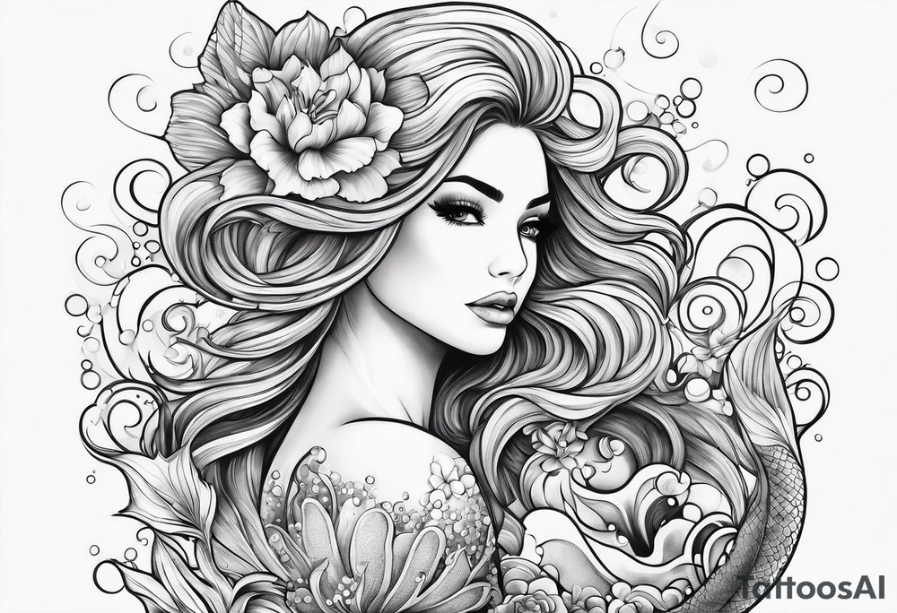 mermaid flowers waves coral bubbles underwater tattoo idea