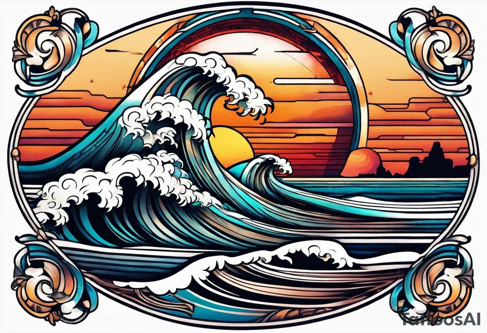Round tattoo, inside sunset and sea with retro look tattoo idea