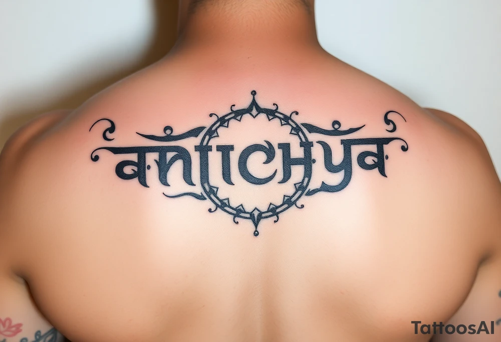 Create a tattoo that writes the Hindi word "Anichya" with A circle or spiral, which represents the cyclical nature of life and death tattoo idea