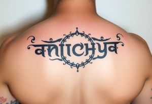Create a tattoo that writes the Hindi word "Anichya" with A circle or spiral, which represents the cyclical nature of life and death tattoo idea