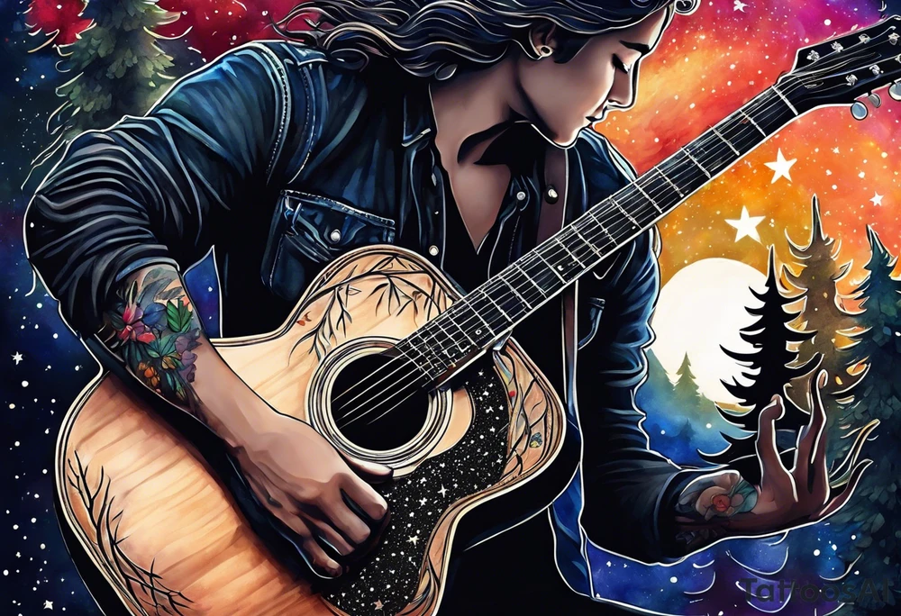 acoustic black guitar made out of trees and a night sky with a bright star tattoo idea