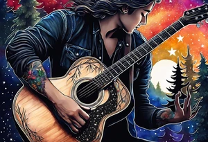 acoustic black guitar made out of trees and a night sky with a bright star tattoo idea