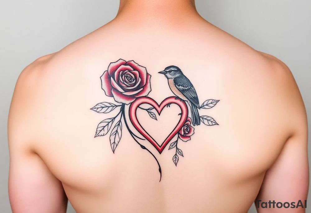 Feminine red rose and robin with a infinity heart on hip tattoo idea