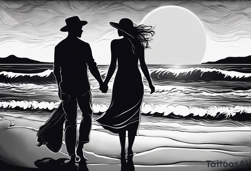 Silouhette of two people on beach water with moon tattoo idea
