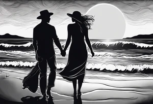 Silouhette of two people on beach water with moon tattoo idea