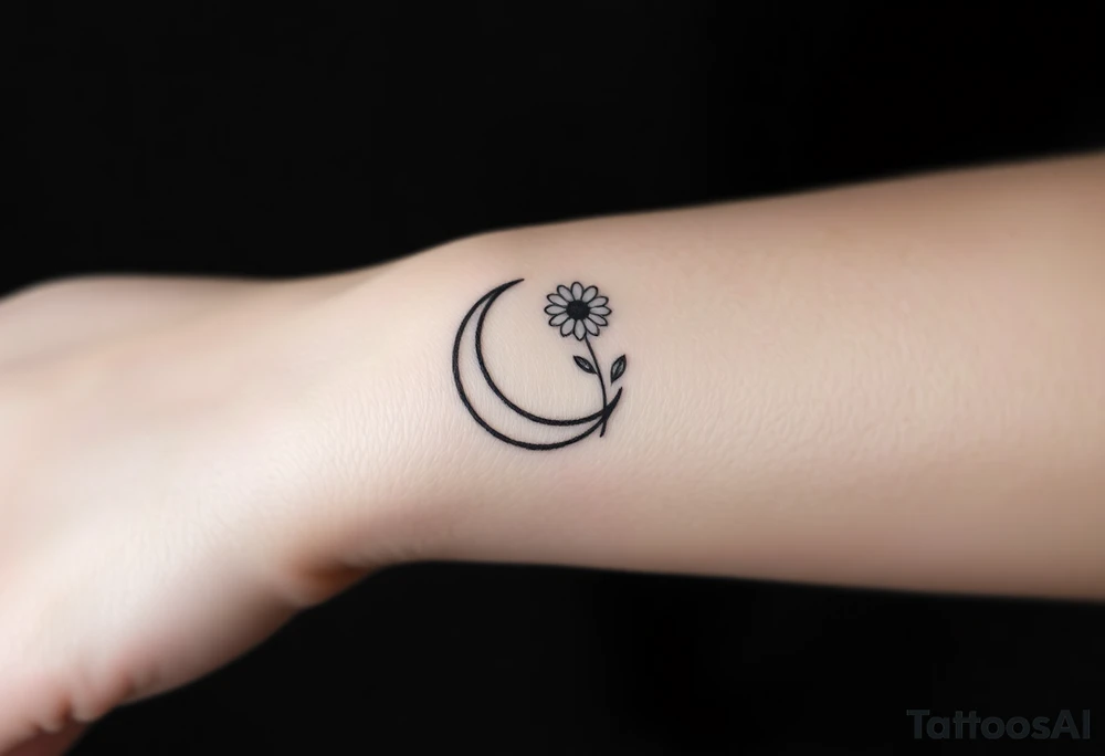 Small black and white tattoo waxing crescent moon with small Daisy birth flower and tiny leo gliph tattoo idea