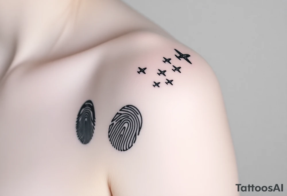 Memorial tattoo using line drawing style in black with shading. The design should flow up from his signature on the bottom, shading into fingerprints and the melting into small planes flying away to the top right. This will go on the left shoulder. Tie the design together with scroll work that starts from the fingerprints and circles the signature. The scroll work should meld into the airplanes tattoo idea