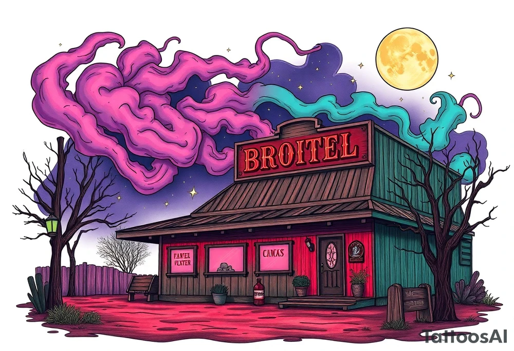 Tim Burton’s old western cowboy texas brothel r from outside view is the street abandoned and dripping with muted reds, dusty pinks, and eerie green glow purple and cyan smokey clouds swirl and dance in the moonlit night sky filled with twinkling stars  tattoo idea tattoo idea