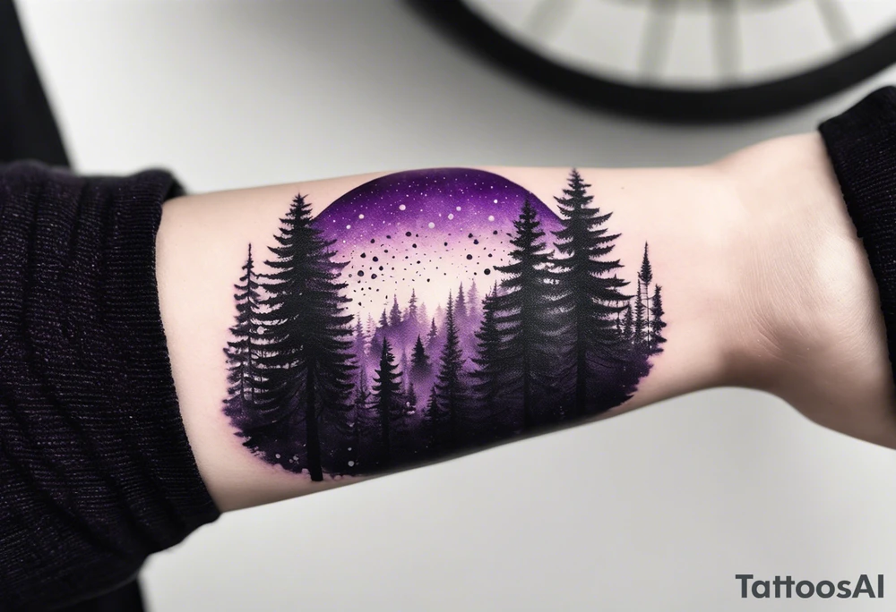 forest, purple and black, covered from wrist to forearm, fully covered, no borders, blackwork tattoo idea