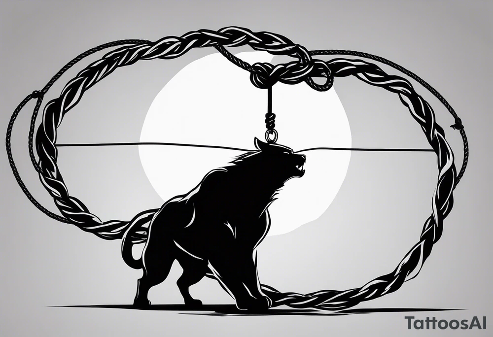 A man suspended in mid-air, held by a rope tied around his neck, the rope stemming from his own heart. The heart symbolizes his emotions and feelings, keeping him trapped within himself, unable to move forward.

On one side of him, a menacing beast represents his rage and inner fury. The beast glows with the weight of his sins and mistakes, embodying the destructive power of his darkest emotions. Its eyes burn with anger, and its claws seem ready to tear through his psyche, an embodiment of the chaos he battles within.

On the other side, a serene, angelic figure represents his good side, radiating peace and hope. This figure calls out to him, beckoning him toward redemption and a righteous path. The angel’s calm expression and open hand reflect compassion, purity, and the promise of a better future.

The design should be rendered in a stylish old-school black-and-white aesthetic, with intricate linework and shading to add depth and realism. The stark contrast between the man, the beast, and the angel will emphasize the internal conflict. A balance of bold outlines and fine details will evoke a sense of timelessness and emotional intensity, making the tattoo visually striking and deeply symbolic. tattoo idea