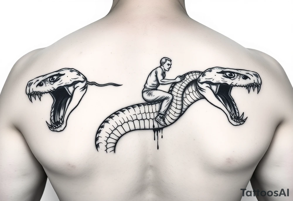 1 dominate head the 1 and the other bigger and scarier both heads giant fangs out 1 head pulling away so hard there’s blood on the neck where the 2 heads split its 2 fierce baby cobra heads and a man riding on the snake like it was bull riding tattoo idea