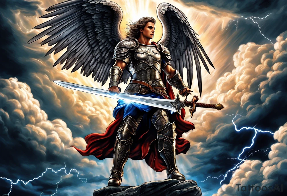 Michael the Archangel holding sword with clouds and lightning in background. tattoo idea