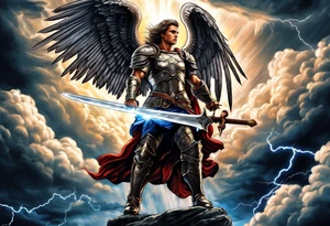 Michael the Archangel holding sword with clouds and lightning in background. tattoo idea