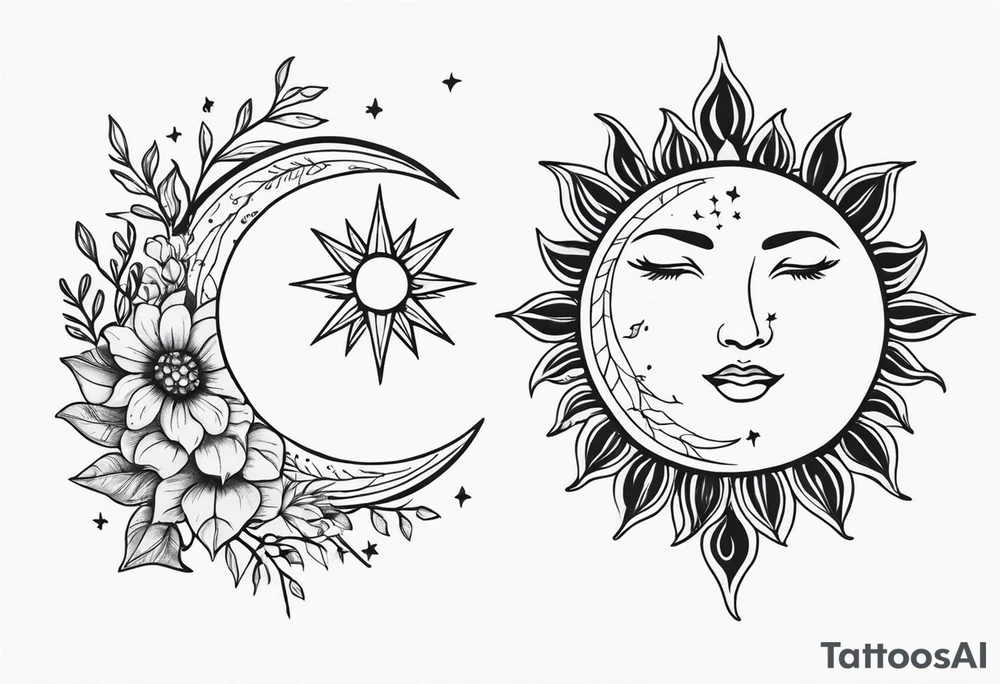 Matching friend tattoos, moon and sun, floral, vines, small tattoo idea
