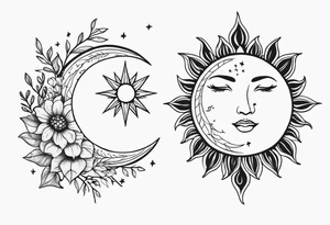 Matching friend tattoos, moon and sun, floral, vines, small tattoo idea