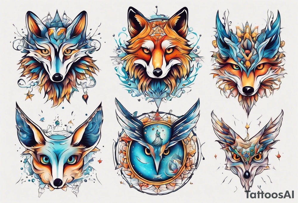 fisch, fuchs und eule , symetrie universum, bunt tattoo idea