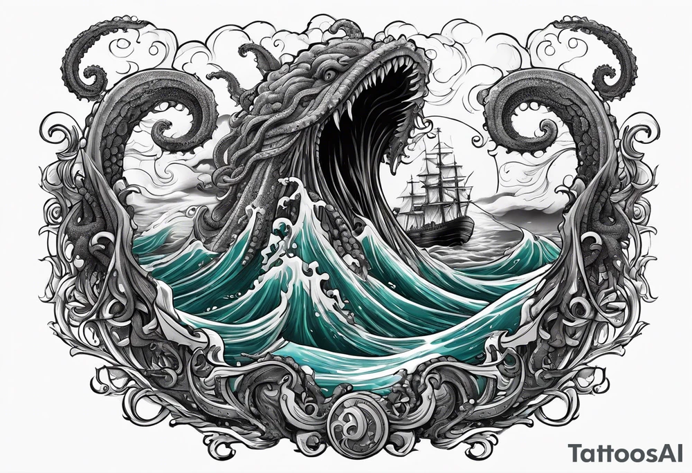 Kraken tentacles grabbing Poseidon thrusting trident into monster deep ocean stormy tattoo idea