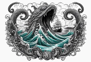 Kraken tentacles grabbing Poseidon thrusting trident into monster deep ocean stormy tattoo idea