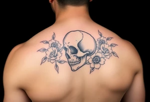 skull slightlyfacing left, surrounded by floral ornaments tattoo idea