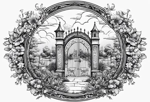 night medieval town garden gate entrance 
 in circle vignette surrounded by clouds floral tattoo idea