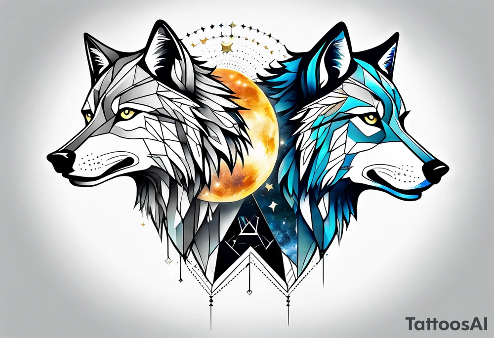 Constellation, two animal wolf, géométric tattoo idea