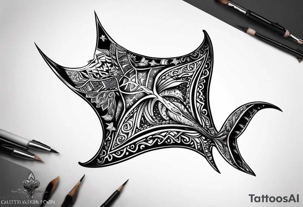 A manta ray with a sea star as a tribal tattoo. A smaller tattoo for female forearm or wrist tattoo idea