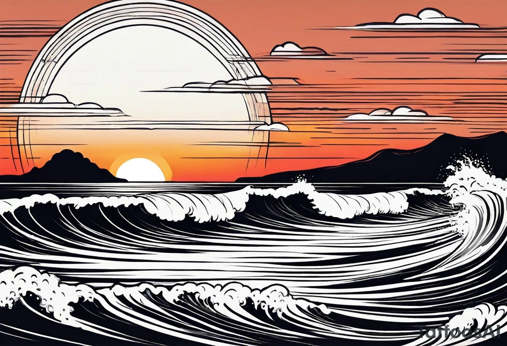hand drawn minimal sunset. Only waves and sunset in the image. tattoo idea
