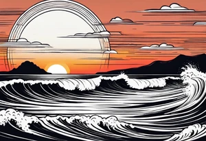 hand drawn minimal sunset. Only waves and sunset in the image. tattoo idea
