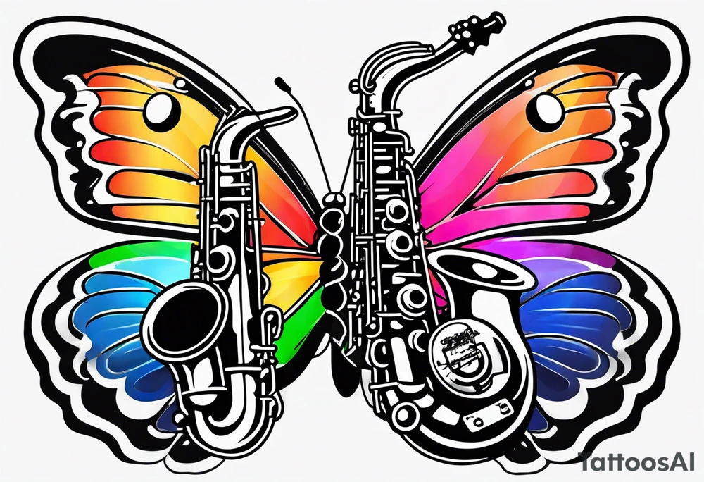 Saxophone, butterfly, rainbow, PACMAN tattoo idea